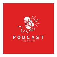 podcast logo with microphone and earphone audio, radio waves. for studio, talk show, chat, information sharing, interview, multimedia and web. vector