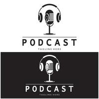 podcast logo with microphone and earphone audio, radio waves. for studio, talk show, chat, information sharing, interview, multimedia and web. vector