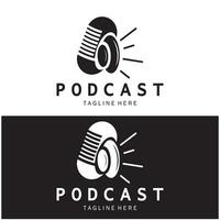 podcast logo with microphone and earphone audio, radio waves. for studio, talk show, chat, information sharing, interview, multimedia and web. vector