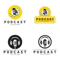 podcast logo with microphone and earphone audio, radio waves. for studio, talk show, chat, information sharing, interview, multimedia and web. vector