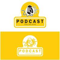 podcast logo with microphone and earphone audio, radio waves. for studio, talk show, chat, information sharing, interview, multimedia and web. vector