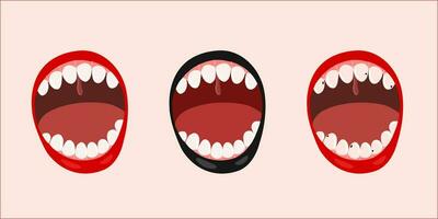 set of open mouths with broken and healthy teeth, vector flat illustration