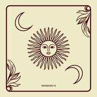 Esoteric sun with face and moon in a a beautiful frame. Vector esoteric illustration. Design element for cards, covers, banners, flyers, invitations.