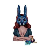 A girl in a hare mask, a bottle of potion and a broom with a peacock feather. Vector illustration for halloween and esoteric. Composition for postcards, greeting, thematic banners, flyers.