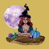 Girl in a black hat at a wooden table, snail, pumpkin, moon. Vector illustration for esoteric and halloween. Design element for greeting cards, holiday banners, flyers, covers.