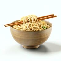 chinese noodles in a bowl with chopsticks close up isolated white background photo