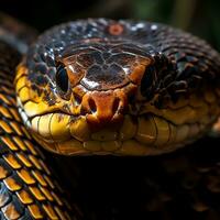Head shot of a king cobra looking directly at the camera photo