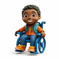 3d ilustración de un sonriente colegial con oscuro piel en un silla de ruedas. tema espalda a escuela, inclusividad. ai generado foto