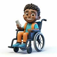 3d illustration of a smiling schoolboy with dark skin on a wheelchair. theme back to school, inclusiveness. AI generated photo