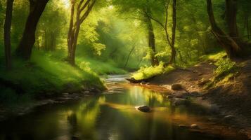 Green forest in sunlight with forest stream photo