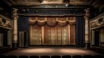 Empty, old, abandoned, 1920s theatre stage with curtains photo