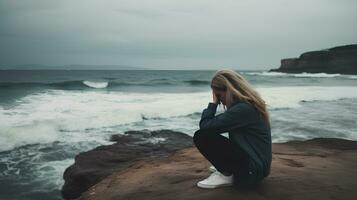 Woman alone and depressed at seaside photo