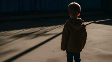 boy and his shadow. Lonely little child playing with his shadow outside. imaginary friend. the concept of autism and loneliness photo