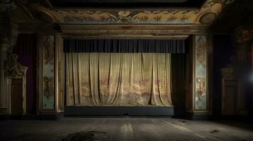 Empty, old, abandoned, 1920s theatre stage with curtains photo