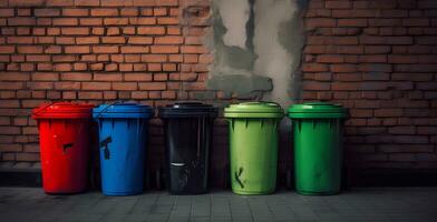 colored garbage bins - green, black, blue, red sit against a brick wall, in the style of transportcore, plasticien photo