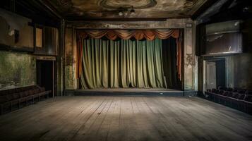 Empty, old, abandoned, 1920s theatre stage with curtains photo