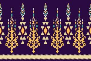 Ikat paisley embroidery pattern on purple background, traditional geometric seamless pattern, aztec abstract vector pattern design for fabric texture, clothing, wrap, sarong decoration.