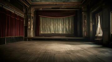 Empty, old, abandoned, 1920s theatre stage with curtains photo
