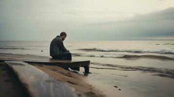 Man alone and depressed at seaside photo