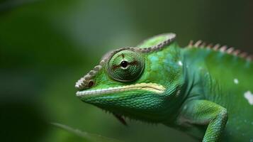 Green colored chameleon catching insect, slow motion, close up photo