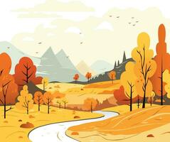 Vector illustrations of nature, autumn natural landscape, mountains, trees, river, fields for background or banner. Warm color, cute cartoon style