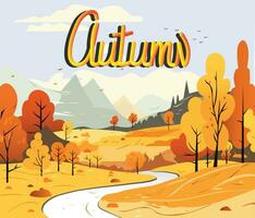 vector ilustraciones de naturaleza, otoño natural paisaje, montañas, árboles, río, campos para antecedentes o bandera. calentar color, linda dibujos animados estilo