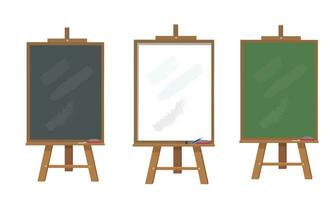 Chalkboard or blackboard with wooden easel stand vector illustration set.  White board, green board. An object used in classroom or restaurant, cafe house. Back to school concept.