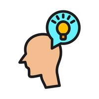 cabeza perfil icono con pensamiento idea pensamientos. cara con ligero bulbo. inteligente idea lámpara símbolo. mente control, positivo pensando y inspiración, psicología, vector ilustración en un blanco antecedentes.