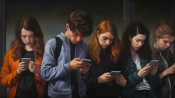 Teenagers looking at phones in a line photo