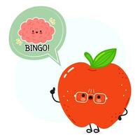 Red Apple with speech bubble and brain character. Vector hand drawn cartoon kawaii character illustration. Isolated white background. Red Apple fruit poster and brain