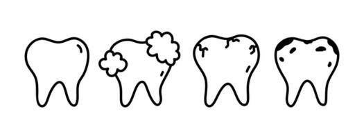 Set of healthy and diseased teeth isolated on white background. Dental care, oral hygiene. Vector hand-drawn illustration in doodle style. Perfect for logo, various designs.