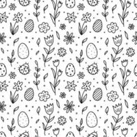 Cute seamless pattern with Easter eggs, ladybugs and flowers. Vector hand-drawn doodle illustration. Perfect for holiday designs, print, decorations wrapping paper, wallpaper.