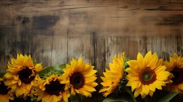 rustic sunflowers against wooden wall background photo