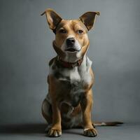 portrait cute of a dog and a cat looking at the camera in front of a white background photo