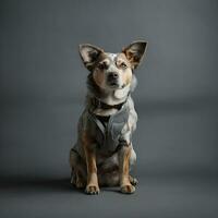 portrait cute of a dog and a cat looking at the camera in front of a white background photo