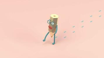 Cartoon pencil character with footprint on the floor,  loop animation, 3d rendering. video