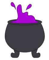 Halloween bubbling magic cauldron with purple brew. Vector flat illustration.