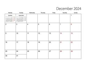 December 2024 simple calendar planner, week starts from Monday. vector