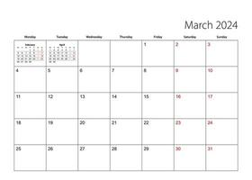 March 2024 simple calendar planner, week starts from Monday. vector