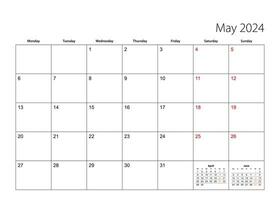 May 2024 simple calendar planner, week starts from Monday. vector