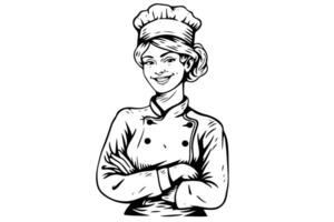 Smiley woman chef ink sketch in engraving style.  Drawing young female vector illustration.