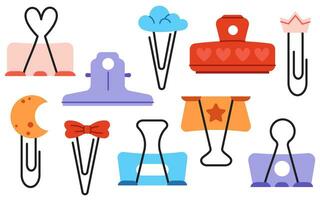 Set of cute paper clips, clamps and binders isolated on white background. vector