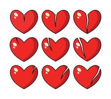 set of red heart icons, symbol of broken heart or separation. vector illustration for love
