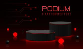 Black circle podium step with red neon light glow ball on dark background design modern futuristic technology creative product display vector