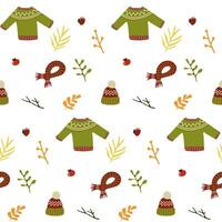 otoño sin costura modelo con un de punto sombrero, suéter, bufanda y varios leña menuda, hojas y bayas. acogedor otoño antecedentes vector