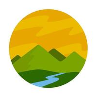 Green landscape with river and mountains. Nature and summer. Icon in a circle. Orange evening sky. Flat cartoon illustration vector