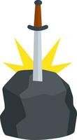 Legendary Excalibur. Knight and king Arthur test element. Medieval weapons and rock. Cartoon flat illustration. Sword in stone with light. English mythology and fairy tale vector