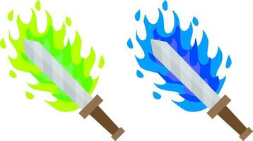 Fiery sword. Magic weapon of a knight, a sorcerer, a magician. Green acid and blue Fire spell. The medieval element of the game. Dangerous cold flames. Cartoon flat illustration. Burning blade. vector