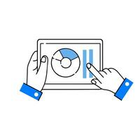 Business chart on tablet screen in hands. Touch screen device with finger. Analytics and statistics. Growth graph. Outline cartoon illustration vector