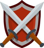 Medieval heraldic coat of arms. Cartoon flat illustration. Defense and protection. Old weapons and armor of knight and warrior. Grey guard shield and crossed sword vector